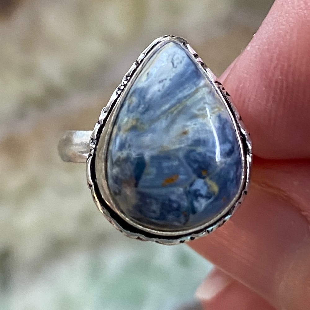Dainty Gemstone Ring, natural Pietersite, cute setting, Sterling Silver overlay.